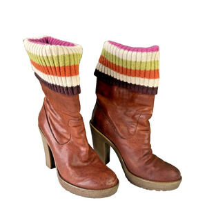 Coach Boots Womens Size 5.5 Brown Leather Laurette Booties Knit Rainbow Stripe